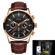 Load image into Gallery viewer, New Mens Watches LIGE Top Brand Leather Chronograph Waterproof Sport Automatic