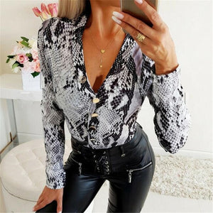 Women Long Sleeve V Neck Blouse Autumn Snake.