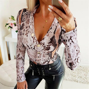 Women Long Sleeve V Neck Blouse Autumn Snake.