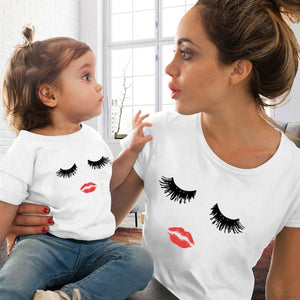 Eye Lashes Red Lips Print Women and Kids T-shirt Funny Family.