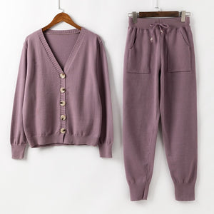 Women Knitted Tracksuit Turtleneck Sweater Casual.